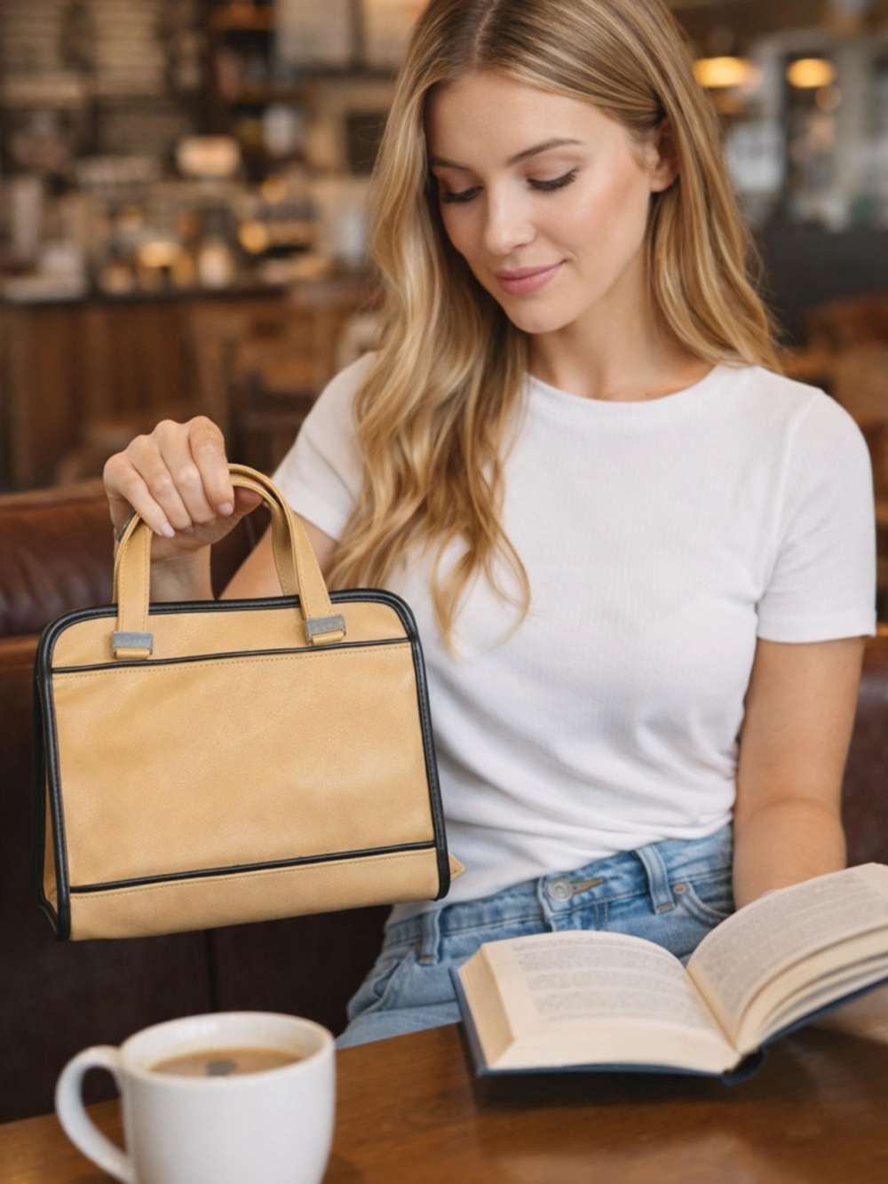 Vegan Leather Bible Book Cover W/ Handles and Pockets Tan Black Trim Free Bible